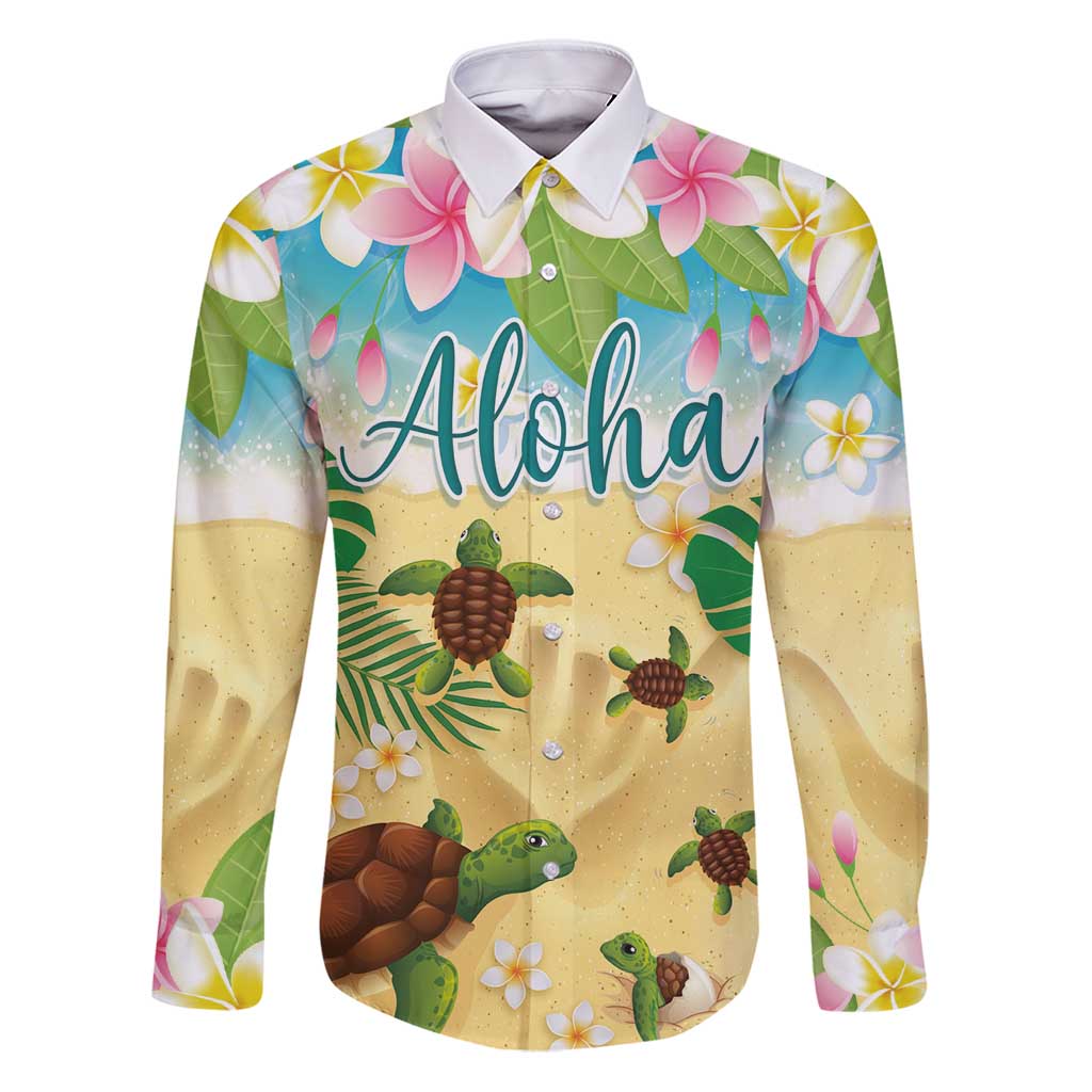 Aloha Turtle Family on The Beach Family Matching Puletasi and Hawaiian Shirt with Hawaiian Colorful Plumeria LT03 Dad's Shirt - Long Sleeve Beige - Polynesian Pride