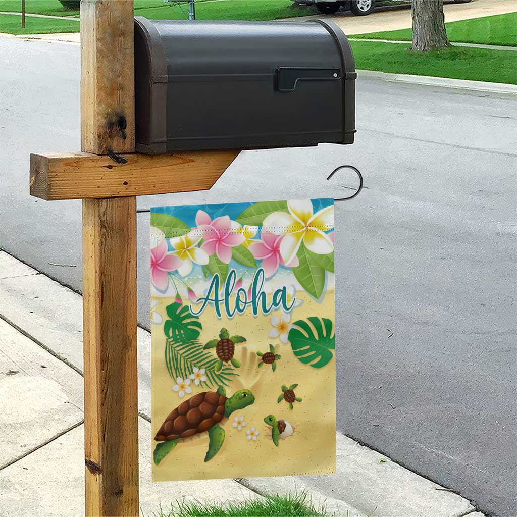 Aloha Turtle Family on The Beach Garden Flag with Hawaiian Colorful Plumeria