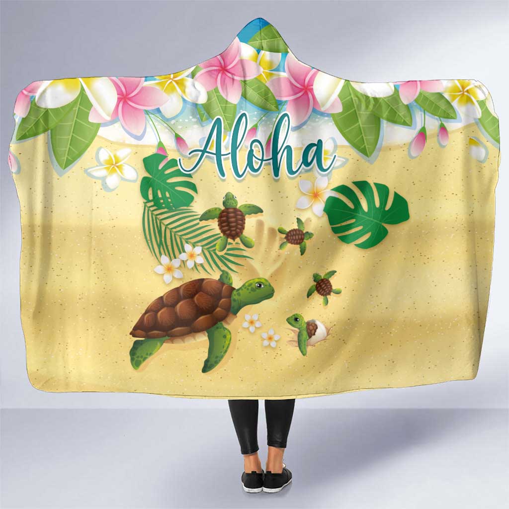 Aloha Turtle Family on The Beach Hooded Blanket with Hawaiian Colorful Plumeria