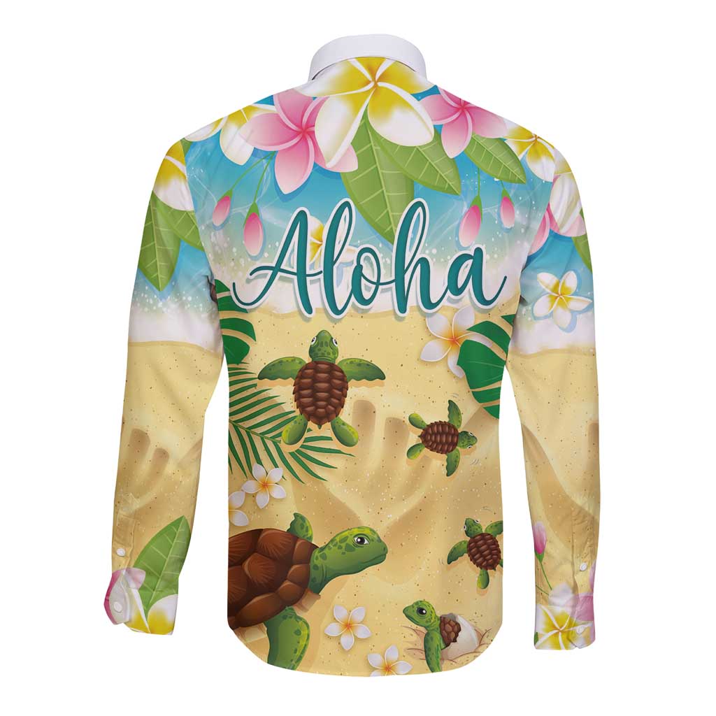 Aloha Turtle Family on The Beach Long Sleeve Button Shirt with Hawaiian Colorful Plumeria LT03 - Polynesian Pride