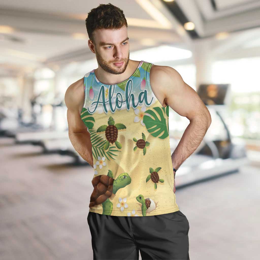 Aloha Turtle Family on The Beach Men Tank Top with Hawaiian Colorful Plumeria