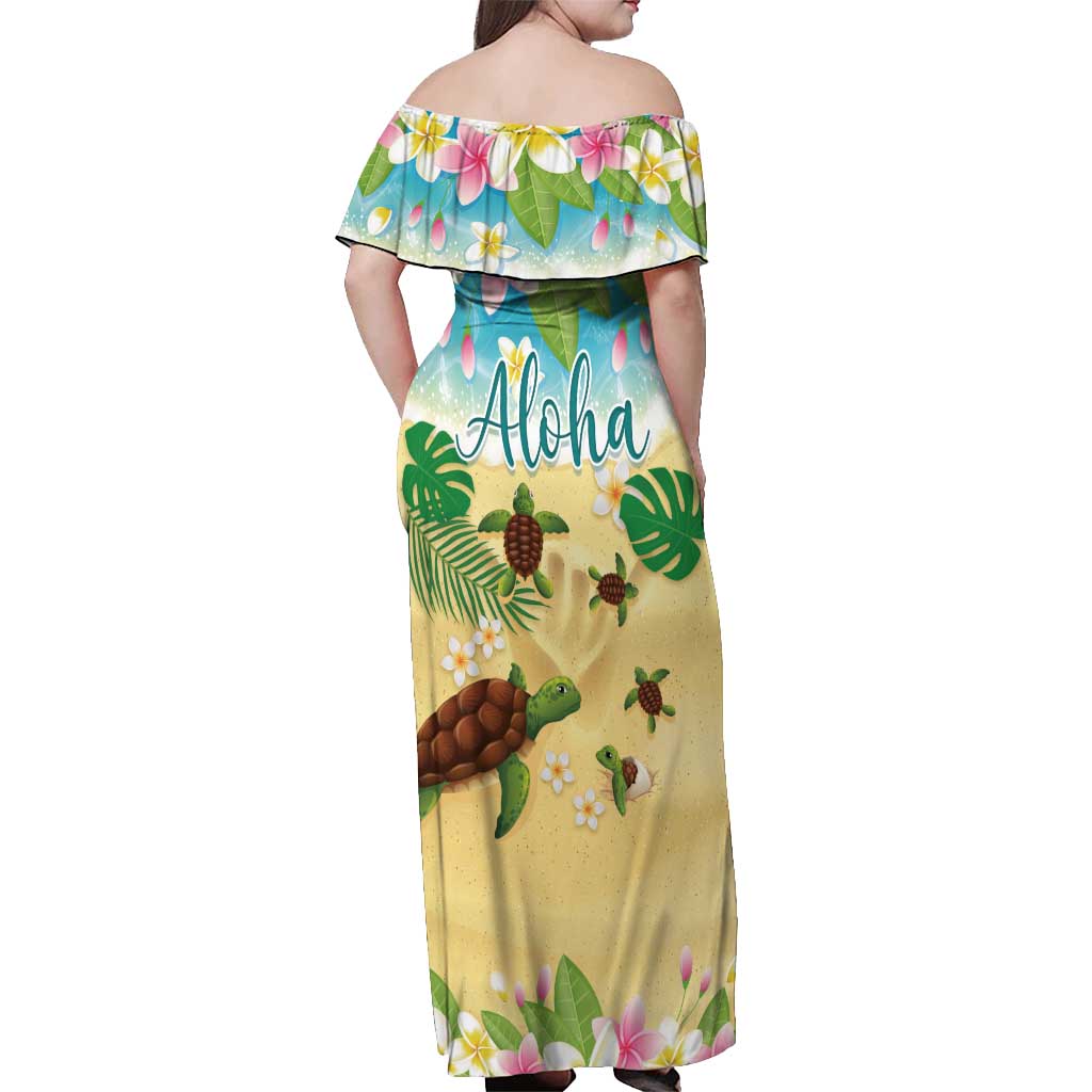 Aloha Turtle Family on The Beach Off Shoulder Maxi Dress with Hawaiian Colorful Plumeria