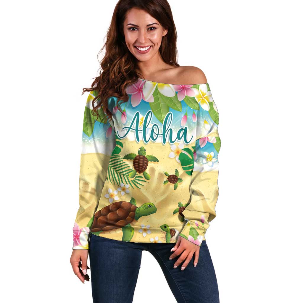 Aloha Turtle Family on The Beach Off Shoulder Sweater with Hawaiian Colorful Plumeria