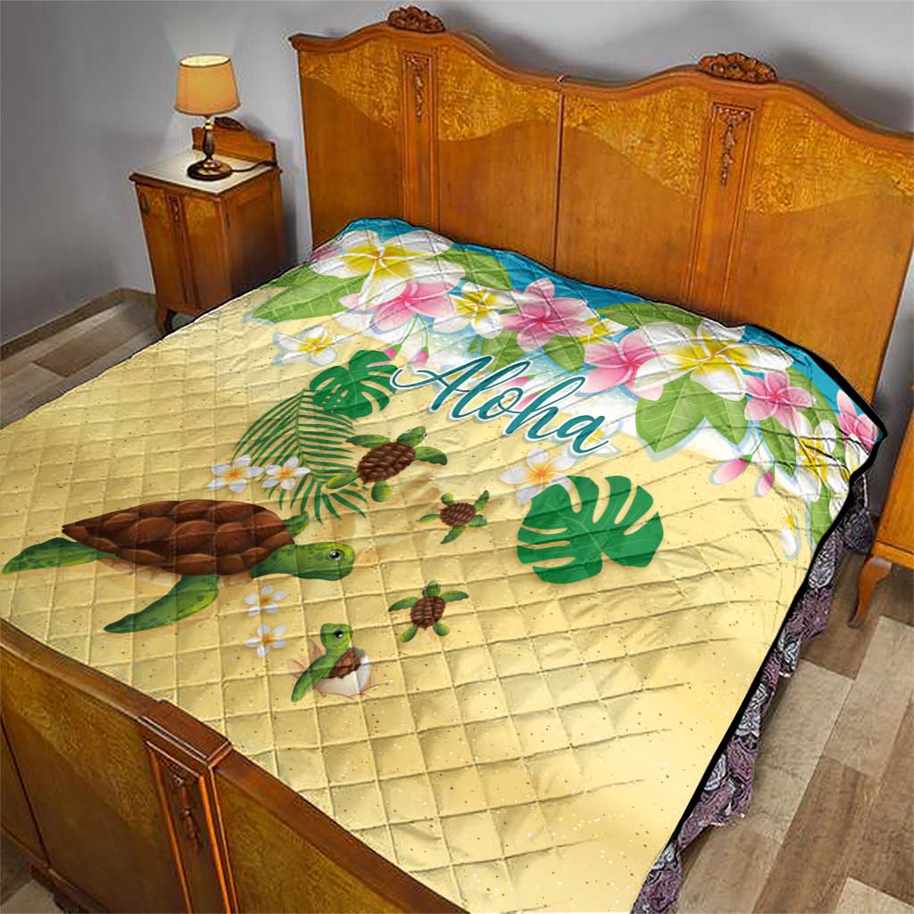 Aloha Turtle Family on The Beach Quilt with Hawaiian Colorful Plumeria