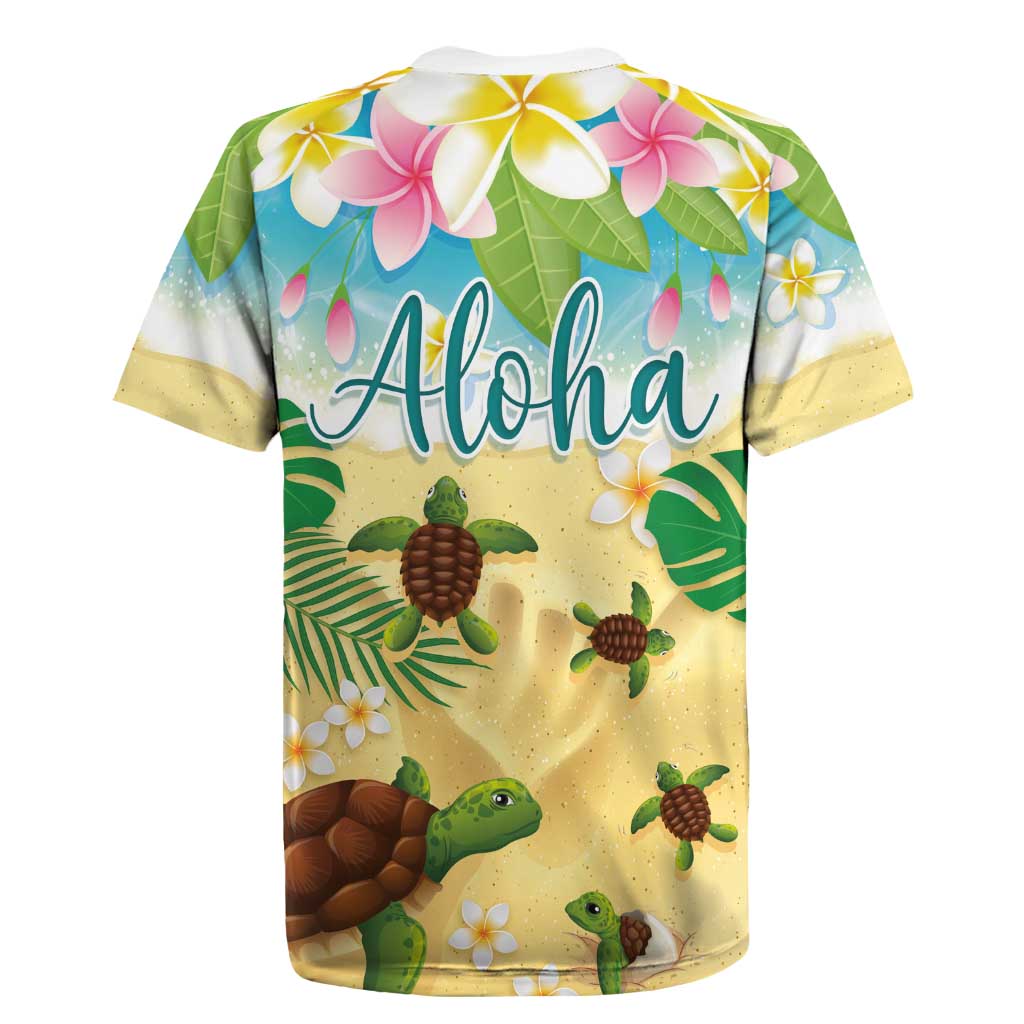 Aloha Turtle Family on The Beach Rugby Jersey with Hawaiian Colorful Plumeria