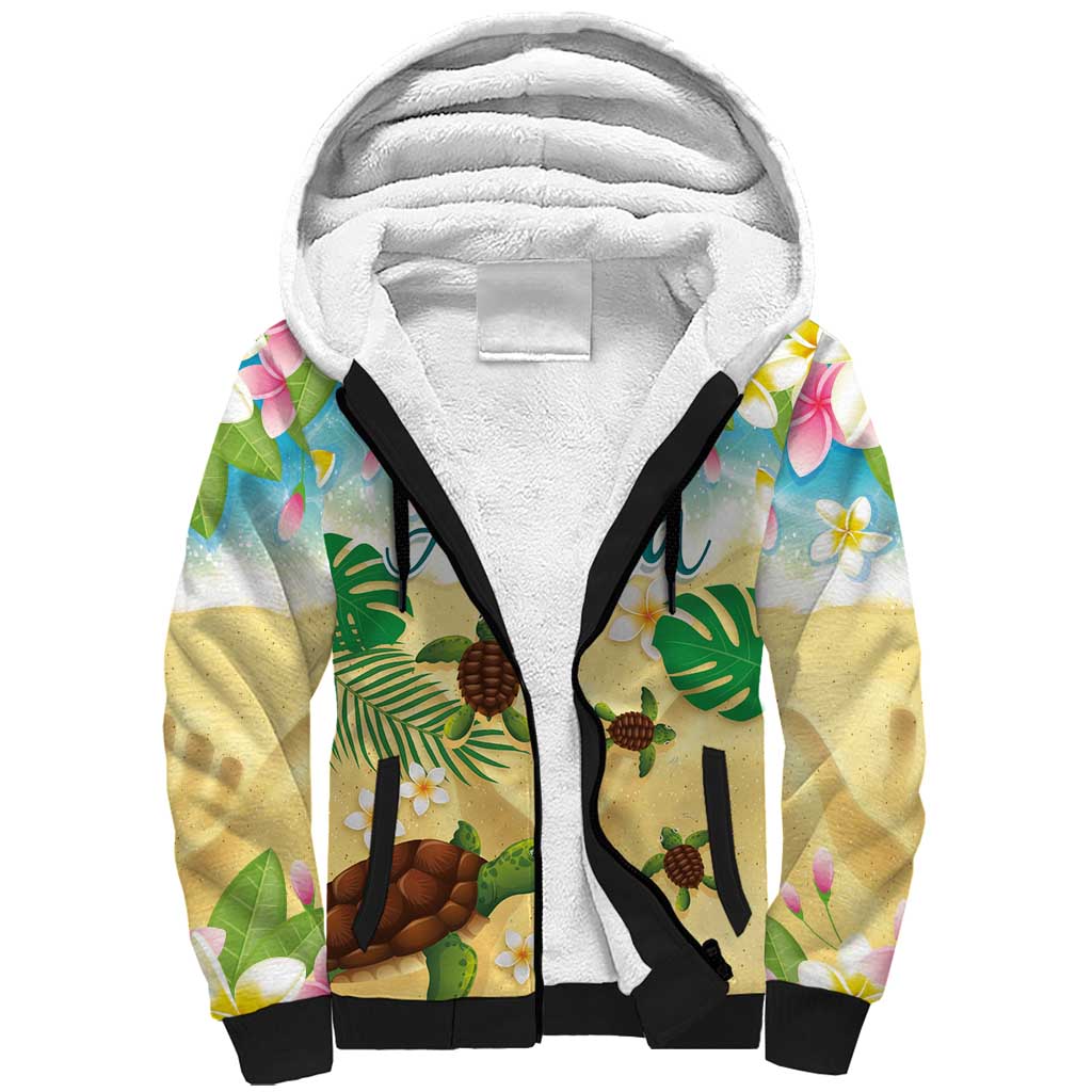 Aloha Turtle Family on The Beach Sherpa Hoodie with Hawaiian Colorful Plumeria