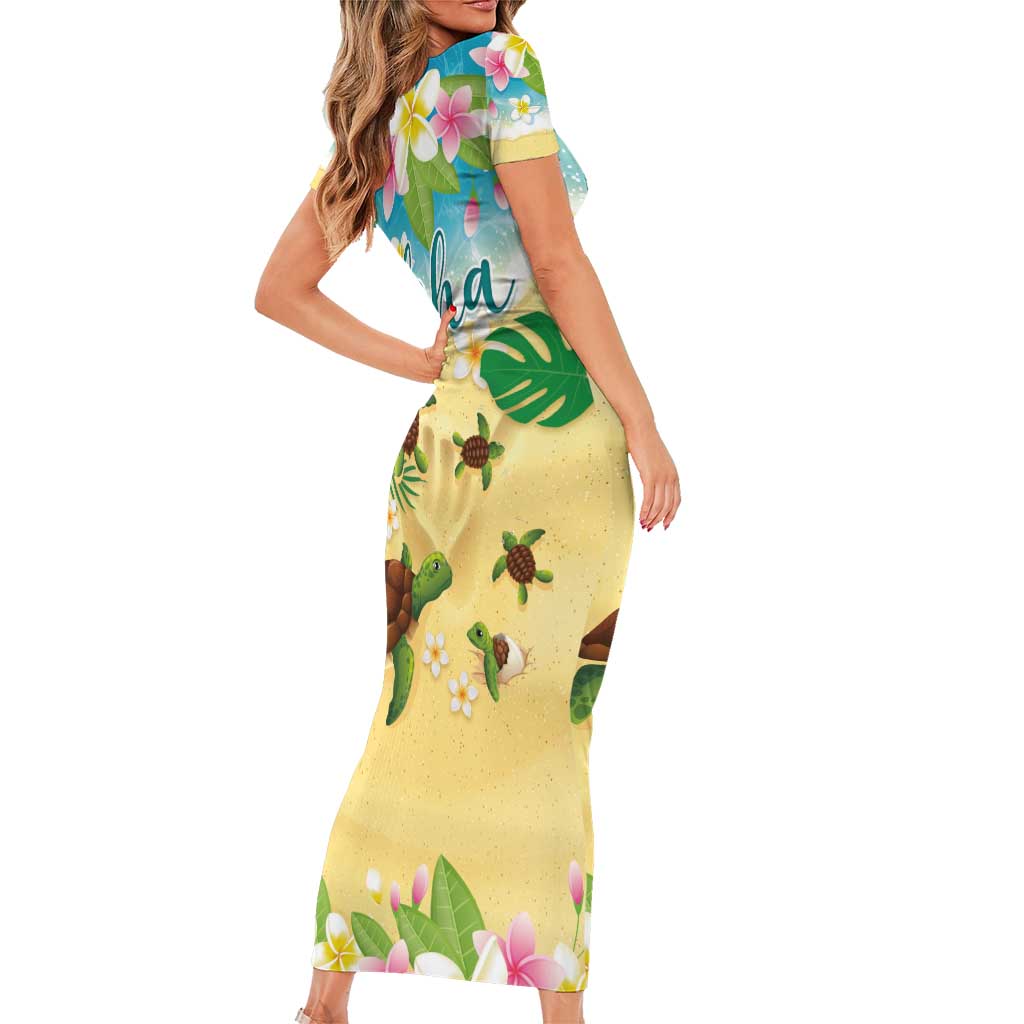 Aloha Turtle Family on The Beach Short Sleeve Bodycon Dress with Hawaiian Colorful Plumeria