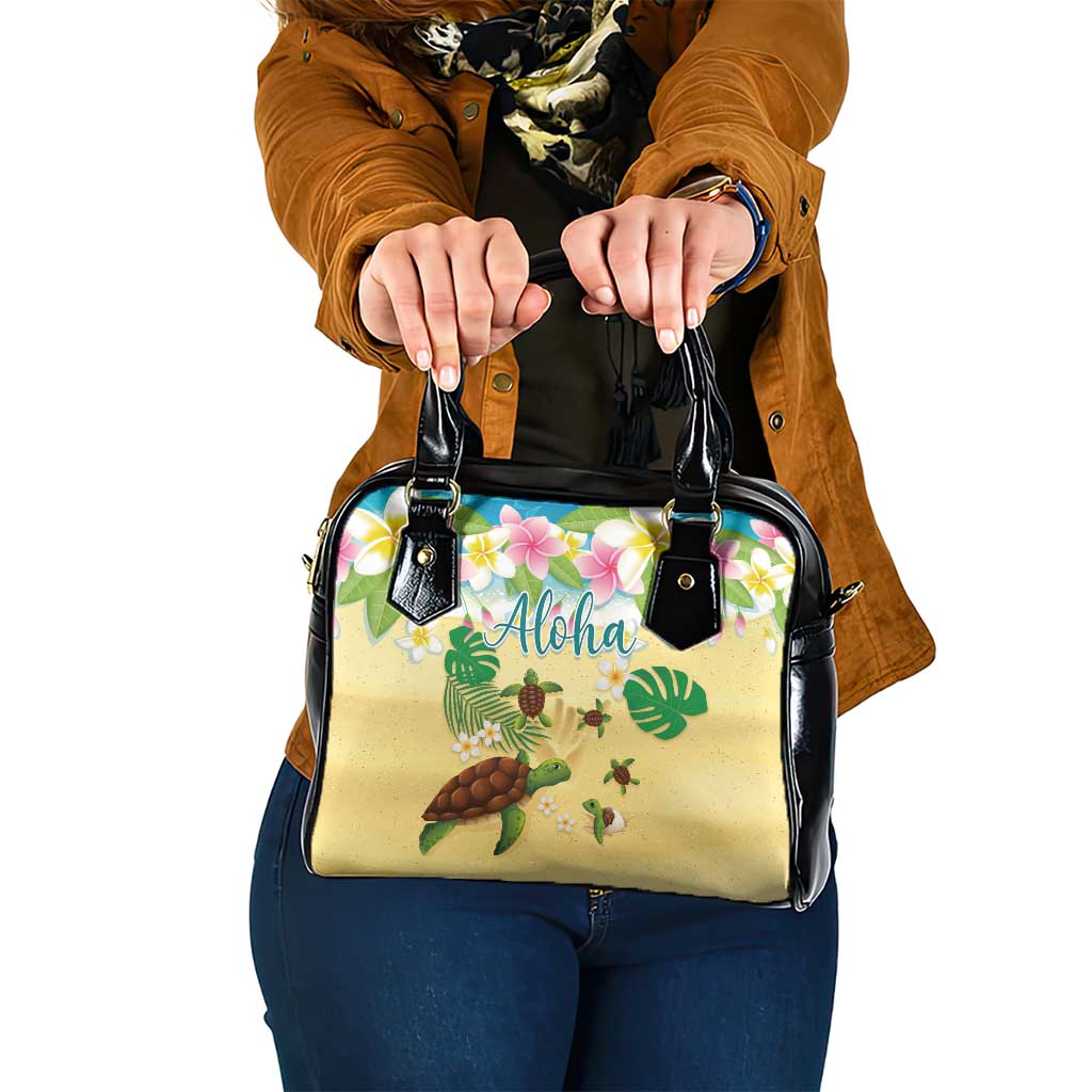 Aloha Turtle Family on The Beach Shoulder Handbag with Hawaiian Colorful Plumeria