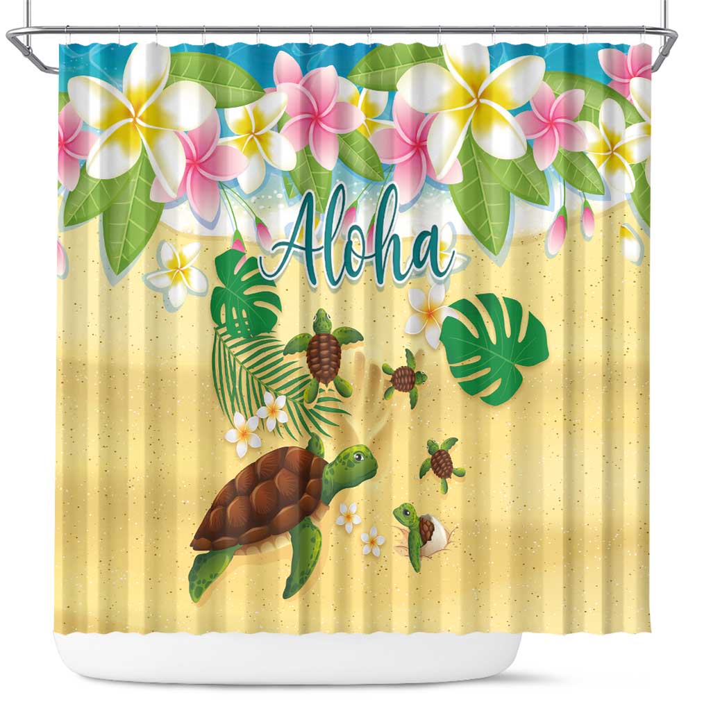 Aloha Turtle Family on The Beach Shower Curtain with Hawaiian Colorful Plumeria