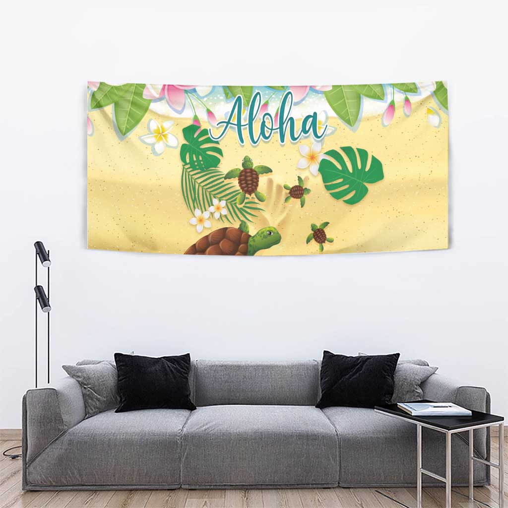 Aloha Turtle Family on The Beach Tapestry with Hawaiian Colorful Plumeria