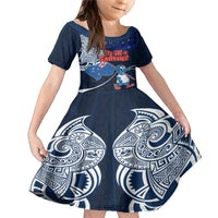 New Zealand Waitangi Family Matching Mermaid Dress and Hawaiian Shirt Te Ra O Waitangi Maori Kiwis Bird LT03 Daughter's Dress Blue - Polynesian Pride