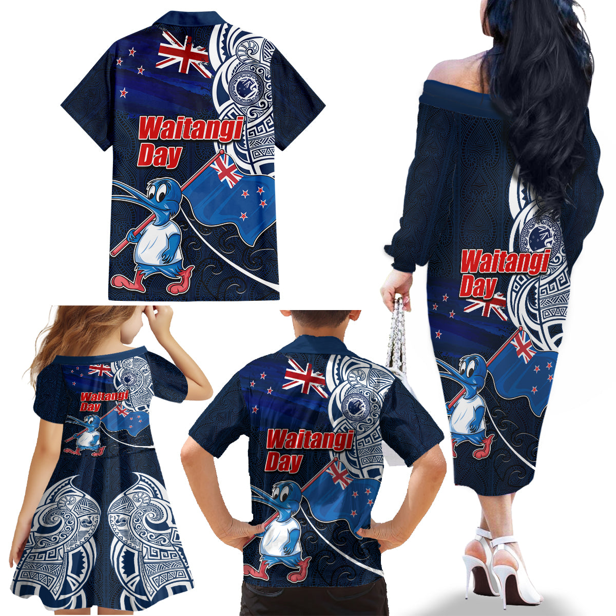 New Zealand Waitangi Family Matching Off Shoulder Long Sleeve Dress and Hawaiian Shirt Te Ra O Waitangi Maori Kiwis Bird LT03 - Polynesian Pride