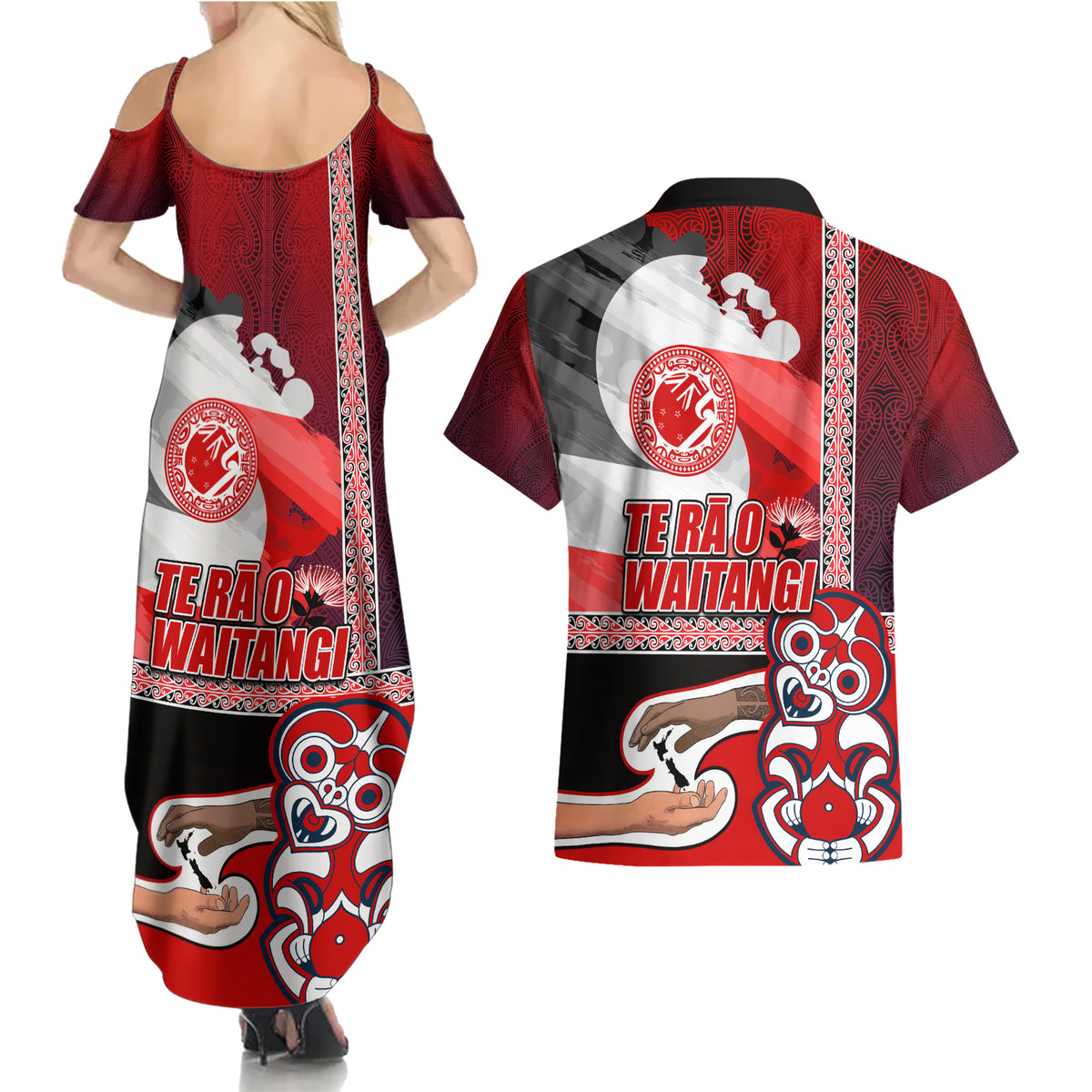 Maori Waitangi Couples Matching Summer Maxi Dress and Hawaiian Shirt Hei-tiki Koru with Tino Rangatiratanga Maori Flag LT03 - Polynesian Pride