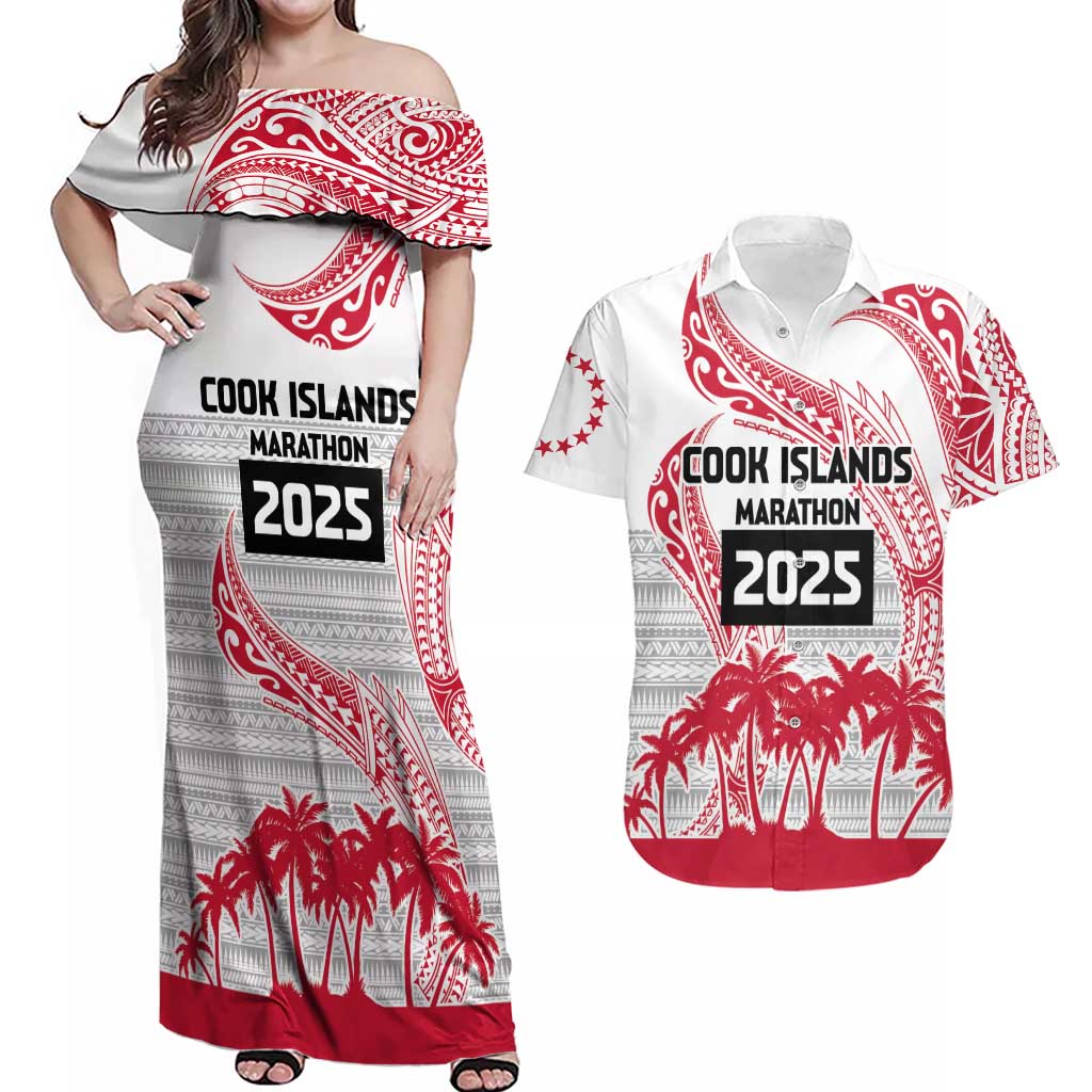 Cook Islands Marathon 2025-Pursuit in Paradise Couples Matching Off Shoulder Maxi Dress and Hawaiian Shirt Red Color LT03 Red - Polynesian Pride