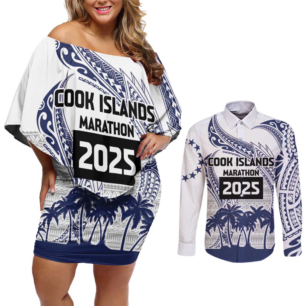 Cook Islands Marathon 2025-Pursuit in Paradise Couples Matching Off Shoulder Short Dress and Long Sleeve Button Shirt Blue Color LT03 Blue - Polynesian Pride