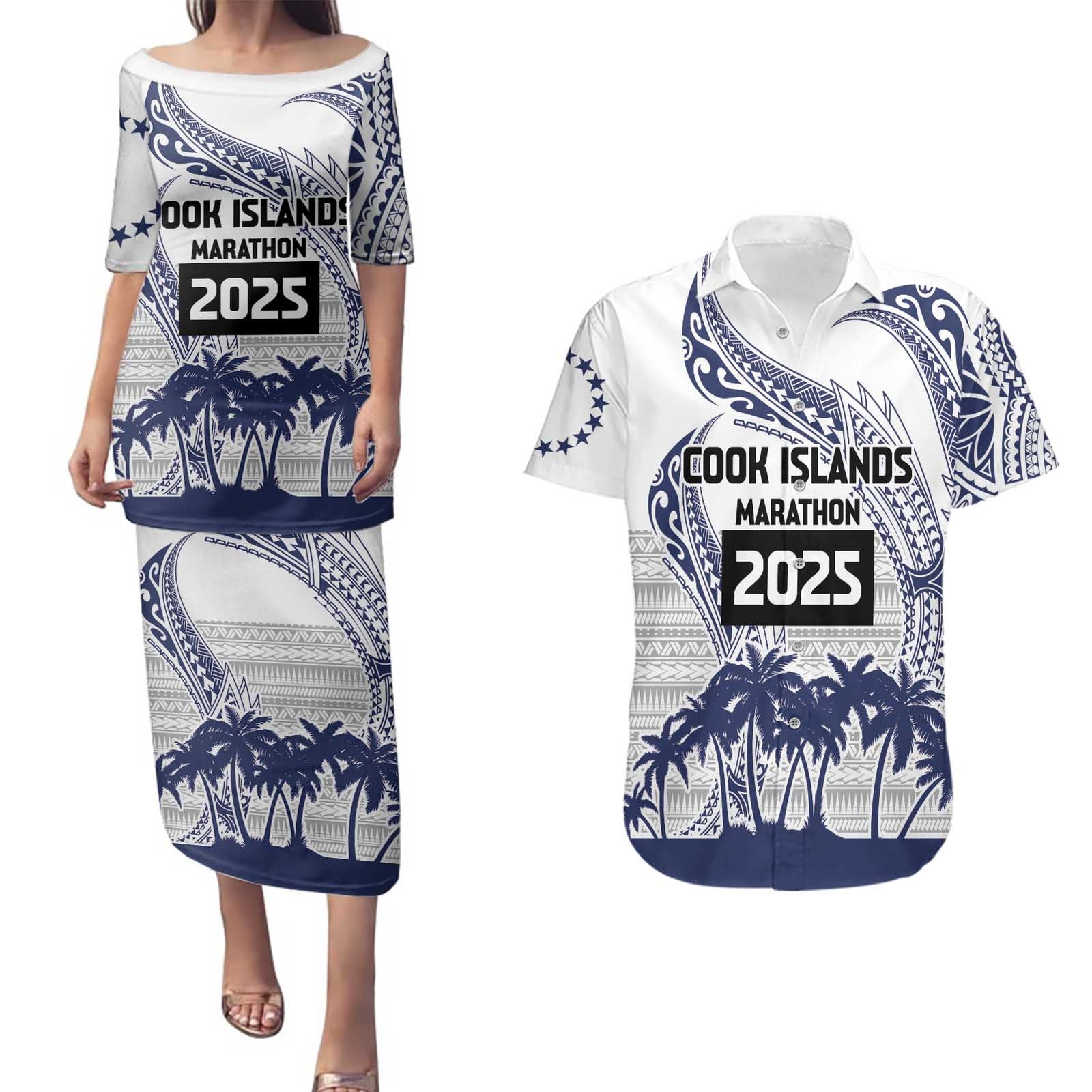 Cook Islands Marathon 2025-Pursuit in Paradise Couples Matching Puletasi and Hawaiian Shirt Blue Color LT03 Blue - Polynesian Pride