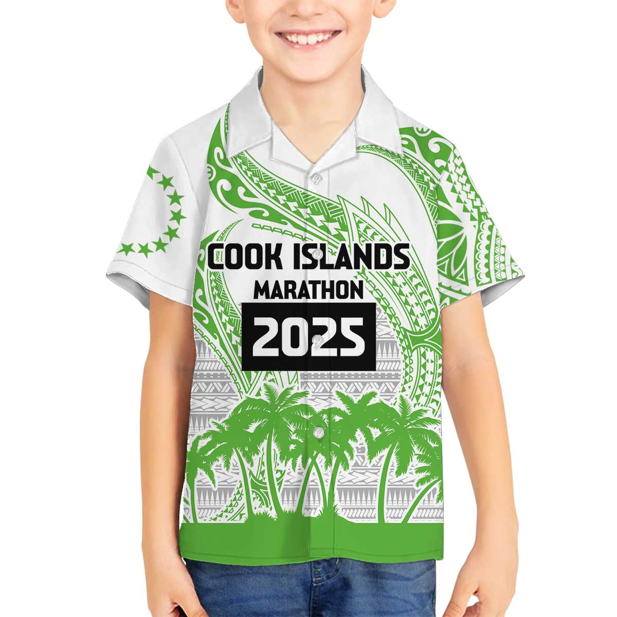 Cook Islands Marathon 2025-Pursuit in Paradise Family Matching Off The Shoulder Long Sleeve Dress and Hawaiian Shirt Green Color