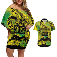 Cook Islands Marathon 2025-Pursuit in Paradise Couples Matching Off Shoulder Short Dress and Hawaiian Shirt Special Edition LT03 Yellow-Green - Polynesian Pride