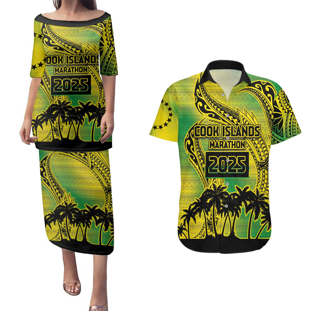 Cook Islands Marathon 2025-Pursuit in Paradise Couples Matching Puletasi and Hawaiian Shirt Special Edition LT03 Yellow-Green - Polynesian Pride