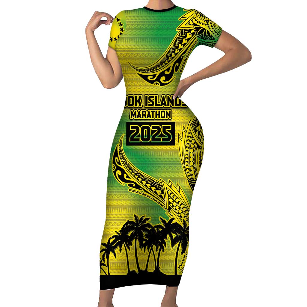 Cook Islands Marathon 2025-Pursuit in Paradise Family Matching Short Sleeve Bodycon Dress and Hawaiian Shirt Special Edition LT03 Mom's Dress Yellow-Green - Polynesian Pride