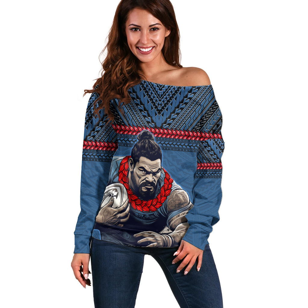 Custom Toa Samoa Rugby Off Shoulder Sweater Samoan Warrior Ula Fala Tribal Pattern LT03