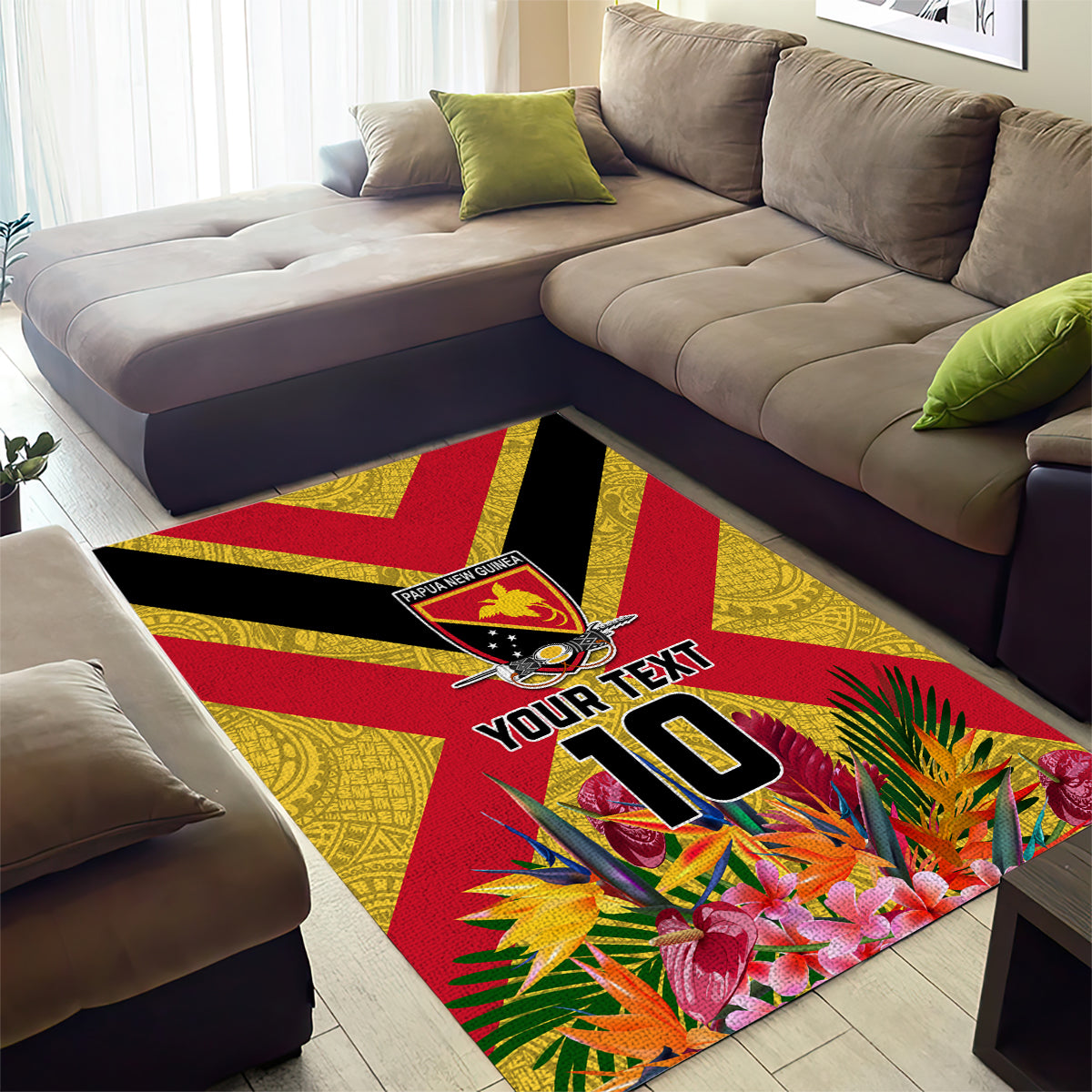 Custom Papua New Guinea Rugby Area Rug Bird of Paradise and Hibiscus Polynesian Pattern Yellow Color