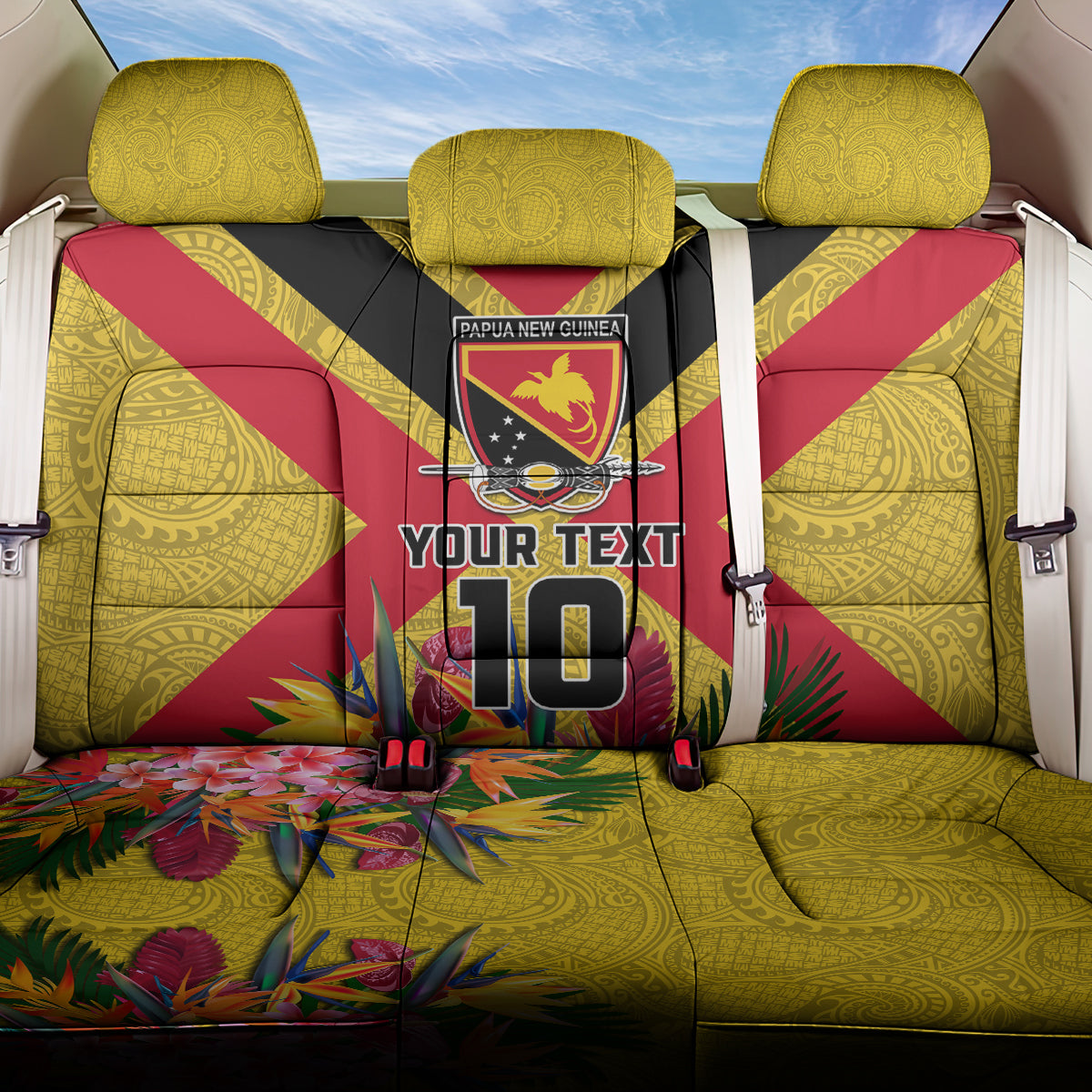 Custom Papua New Guinea Rugby Back Car Seat Cover Bird of Paradise and Hibiscus Polynesian Pattern Yellow Color LT03