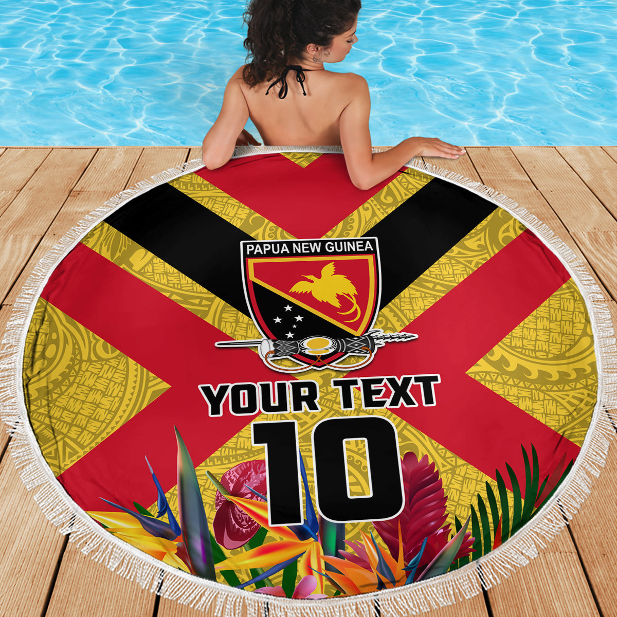 Custom Papua New Guinea Rugby Beach Blanket Bird of Paradise and Hibiscus Polynesian Pattern Yellow Color
