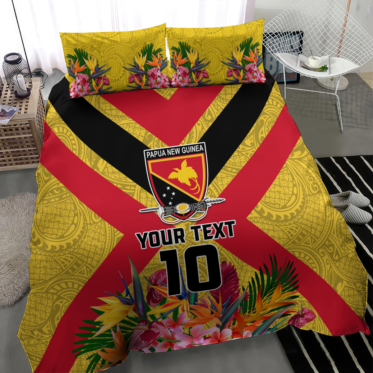 Custom Papua New Guinea Rugby Bedding Set Bird of Paradise and Hibiscus Polynesian Pattern Yellow Color