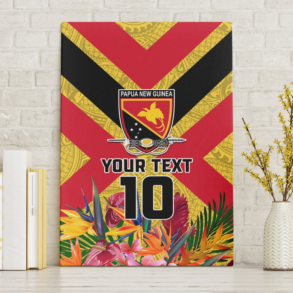 Custom Papua New Guinea Rugby Canvas Wall Art Bird of Paradise and Hibiscus Polynesian Pattern Yellow Color