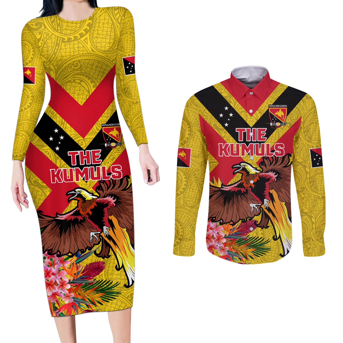 Custom Papua New Guinea Rugby Couples Matching Long Sleeve Bodycon Dress and Long Sleeve Button Shirt Bird of Paradise and Hibiscus Polynesian Pattern Yellow Color LT03