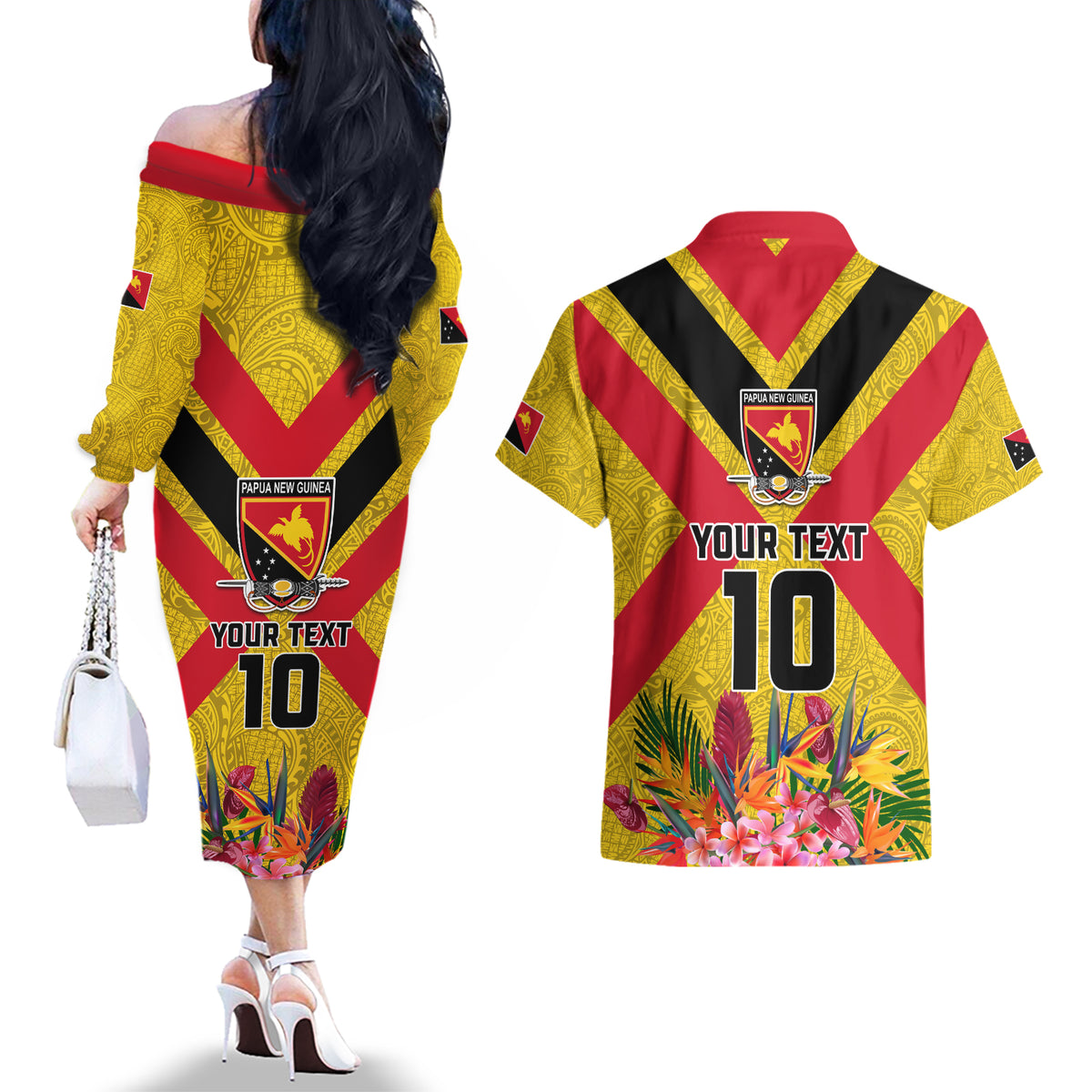 Custom Papua New Guinea Rugby Couples Matching Off The Shoulder Long Sleeve Dress and Hawaiian Shirt Bird of Paradise and Hibiscus Polynesian Pattern Yellow Color LT03