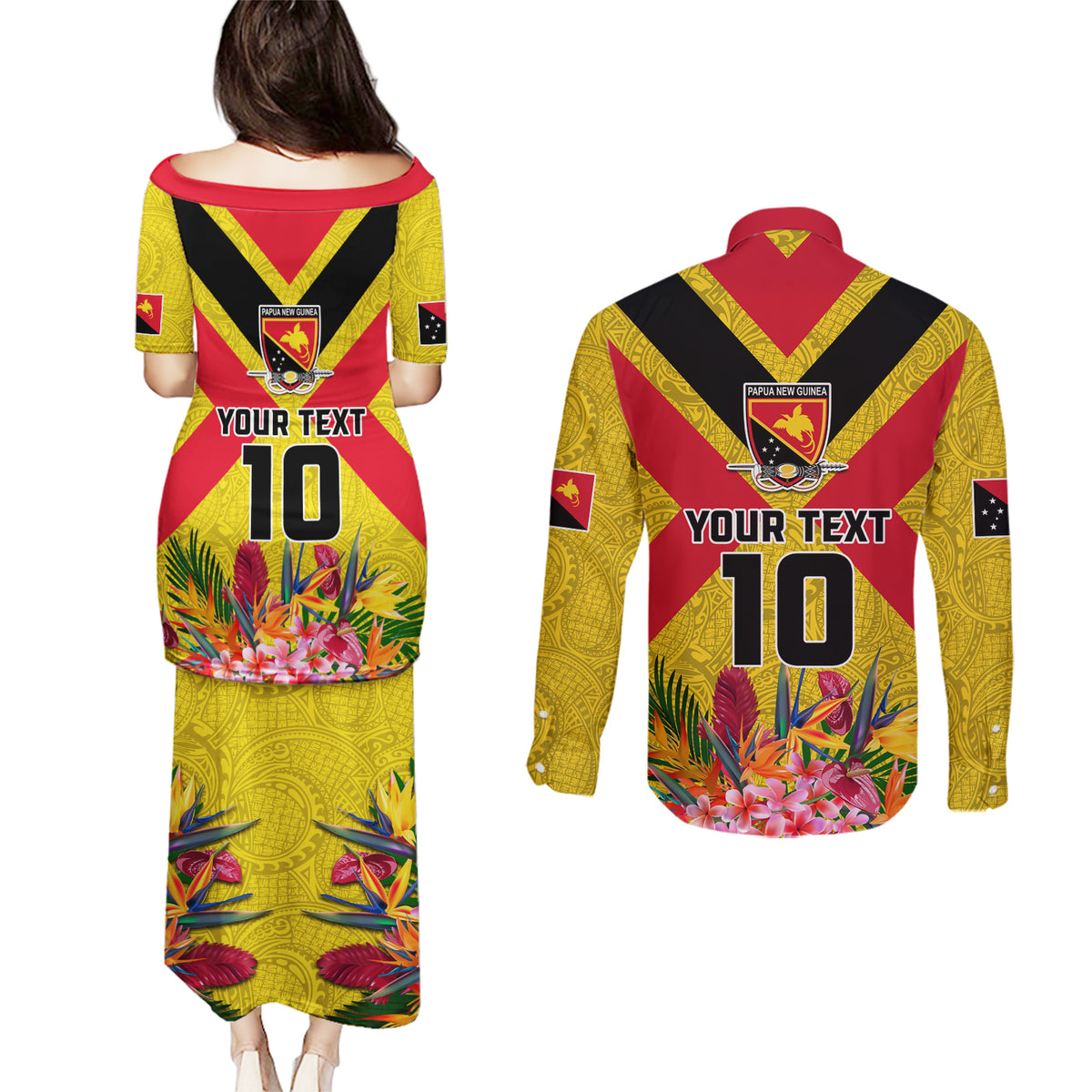 Custom Papua New Guinea Rugby Couples Matching Puletasi and Long Sleeve Button Shirt Bird of Paradise and Hibiscus Polynesian Pattern Yellow Color LT03