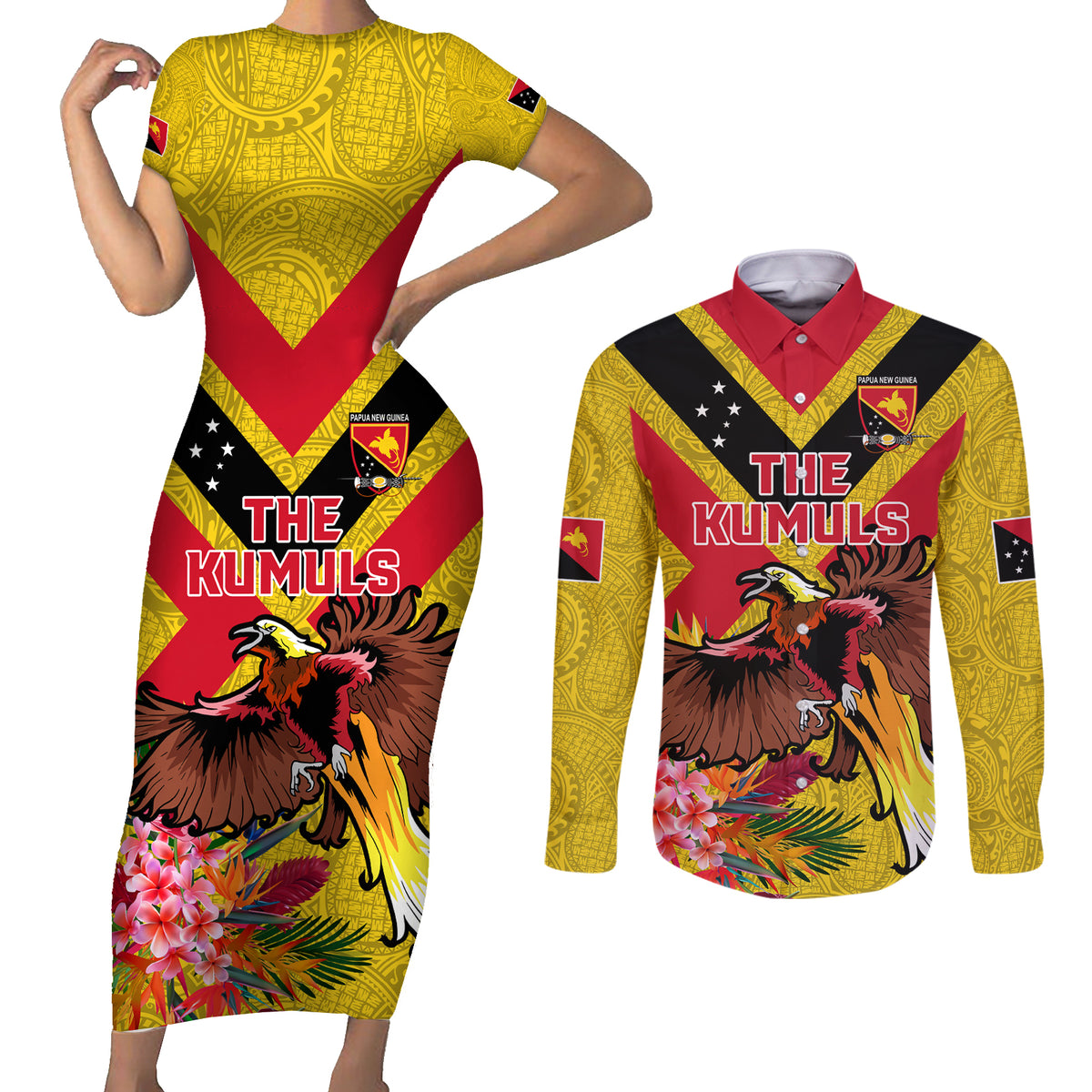 Custom Papua New Guinea Rugby Couples Matching Short Sleeve Bodycon Dress and Long Sleeve Button Shirt Bird of Paradise and Hibiscus Polynesian Pattern Yellow Color LT03