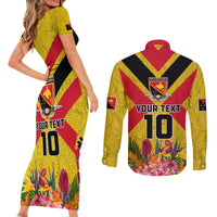 Custom Papua New Guinea Rugby Couples Matching Short Sleeve Bodycon Dress and Long Sleeve Button Shirt Bird of Paradise and Hibiscus Polynesian Pattern Yellow Color LT03