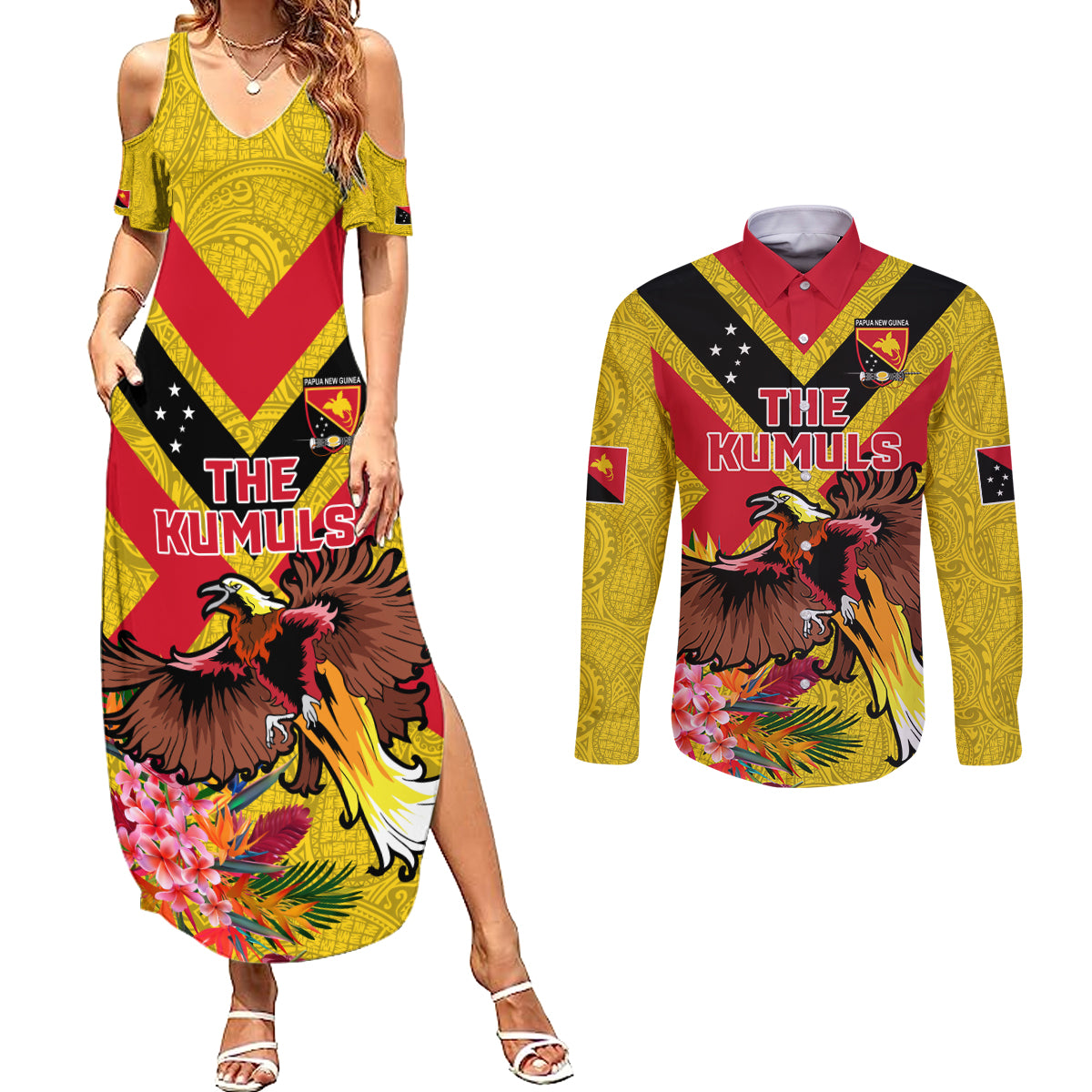 Custom Papua New Guinea Rugby Couples Matching Summer Maxi Dress and Long Sleeve Button Shirt Bird of Paradise and Hibiscus Polynesian Pattern Yellow Color LT03