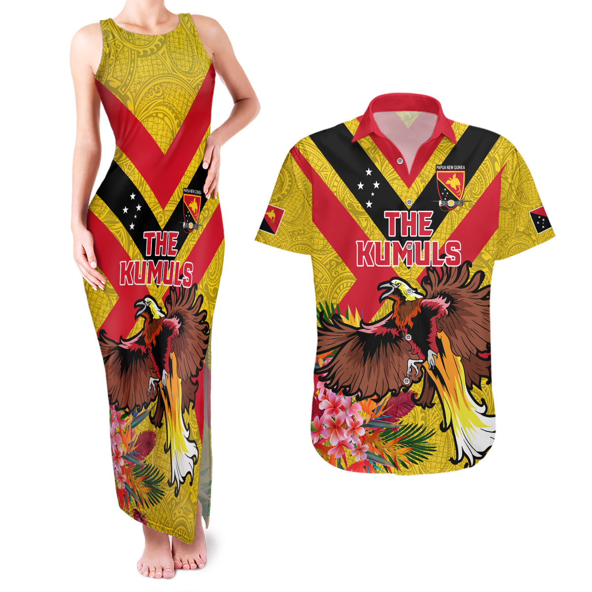 Custom Papua New Guinea Rugby Couples Matching Tank Maxi Dress and Hawaiian Shirt Bird of Paradise and Hibiscus Polynesian Pattern Yellow Color LT03