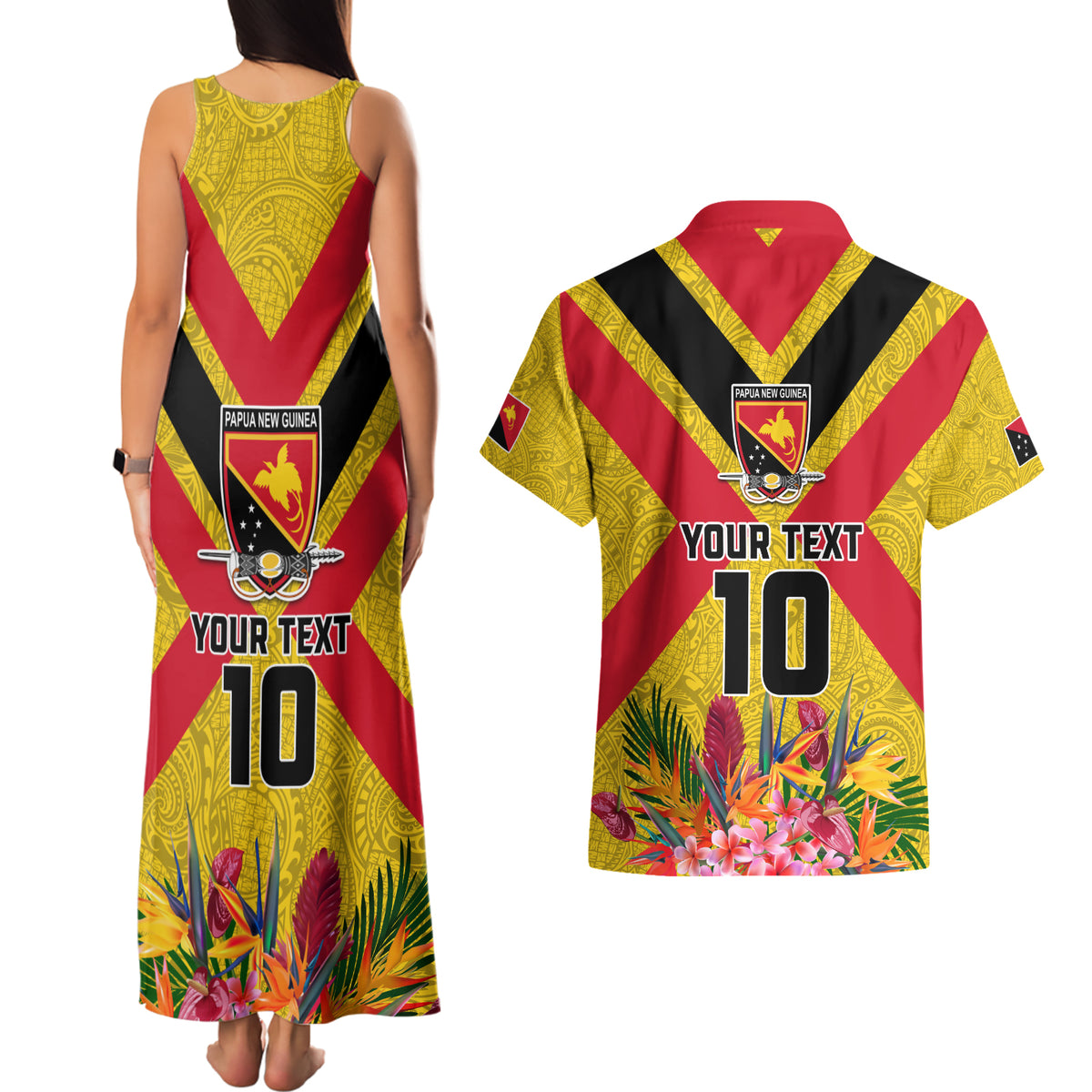 Custom Papua New Guinea Rugby Couples Matching Tank Maxi Dress and Hawaiian Shirt Bird of Paradise and Hibiscus Polynesian Pattern Yellow Color LT03