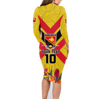 Custom Papua New Guinea Rugby Family Matching Long Sleeve Bodycon Dress and Hawaiian Shirt Bird of Paradise and Hibiscus Polynesian Pattern Yellow Color LT03