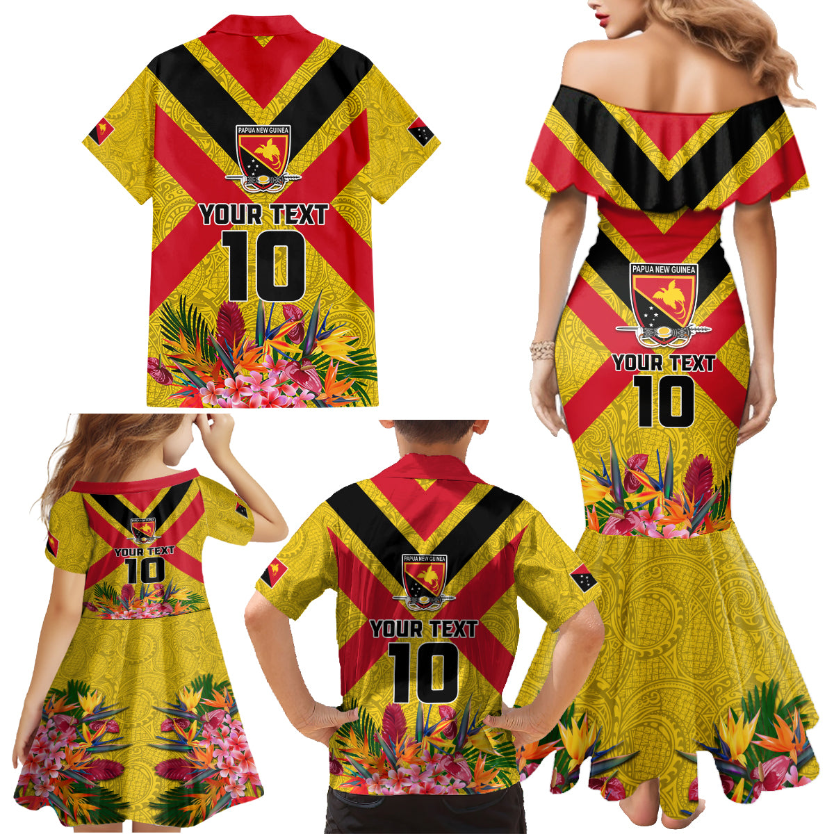 Custom Papua New Guinea Rugby Family Matching Mermaid Dress and Hawaiian Shirt Bird of Paradise and Hibiscus Polynesian Pattern Yellow Color LT03