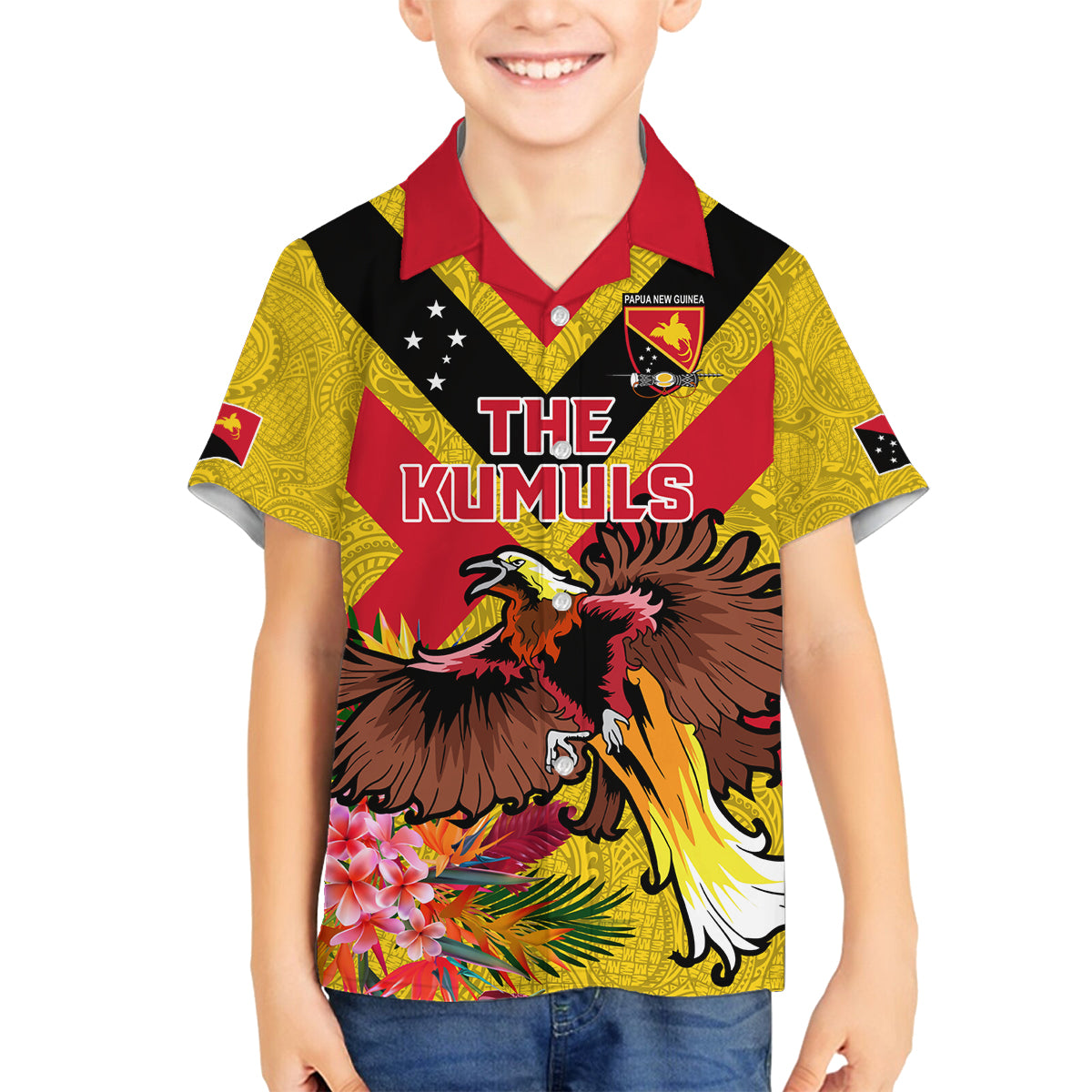 Custom Papua New Guinea Rugby Family Matching Off The Shoulder Long Sleeve Dress and Hawaiian Shirt Bird of Paradise and Hibiscus Polynesian Pattern Yellow Color LT03
