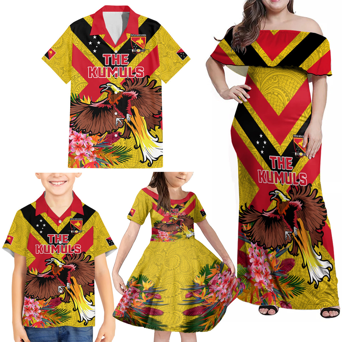 Custom Papua New Guinea Rugby Family Matching Off Shoulder Maxi Dress and Hawaiian Shirt Bird of Paradise and Hibiscus Polynesian Pattern Yellow Color LT03