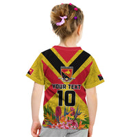 Custom Papua New Guinea Rugby Kid T Shirt Bird of Paradise and Hibiscus Polynesian Pattern Yellow Color LT03