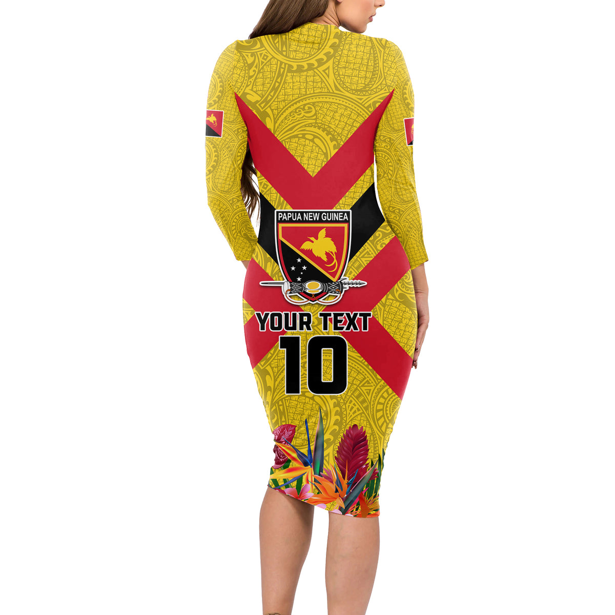 Custom Papua New Guinea Rugby Long Sleeve Bodycon Dress Bird of Paradise and Hibiscus Polynesian Pattern Yellow Color LT03
