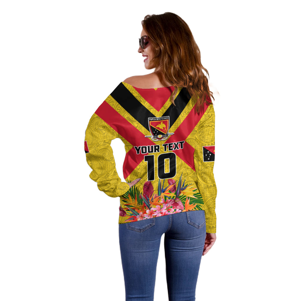 Custom Papua New Guinea Rugby Off Shoulder Sweater Bird of Paradise and Hibiscus Polynesian Pattern Yellow Color LT03