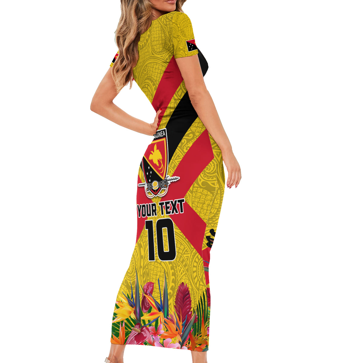 Custom Papua New Guinea Rugby Short Sleeve Bodycon Dress Bird of Paradise and Hibiscus Polynesian Pattern Yellow Color LT03