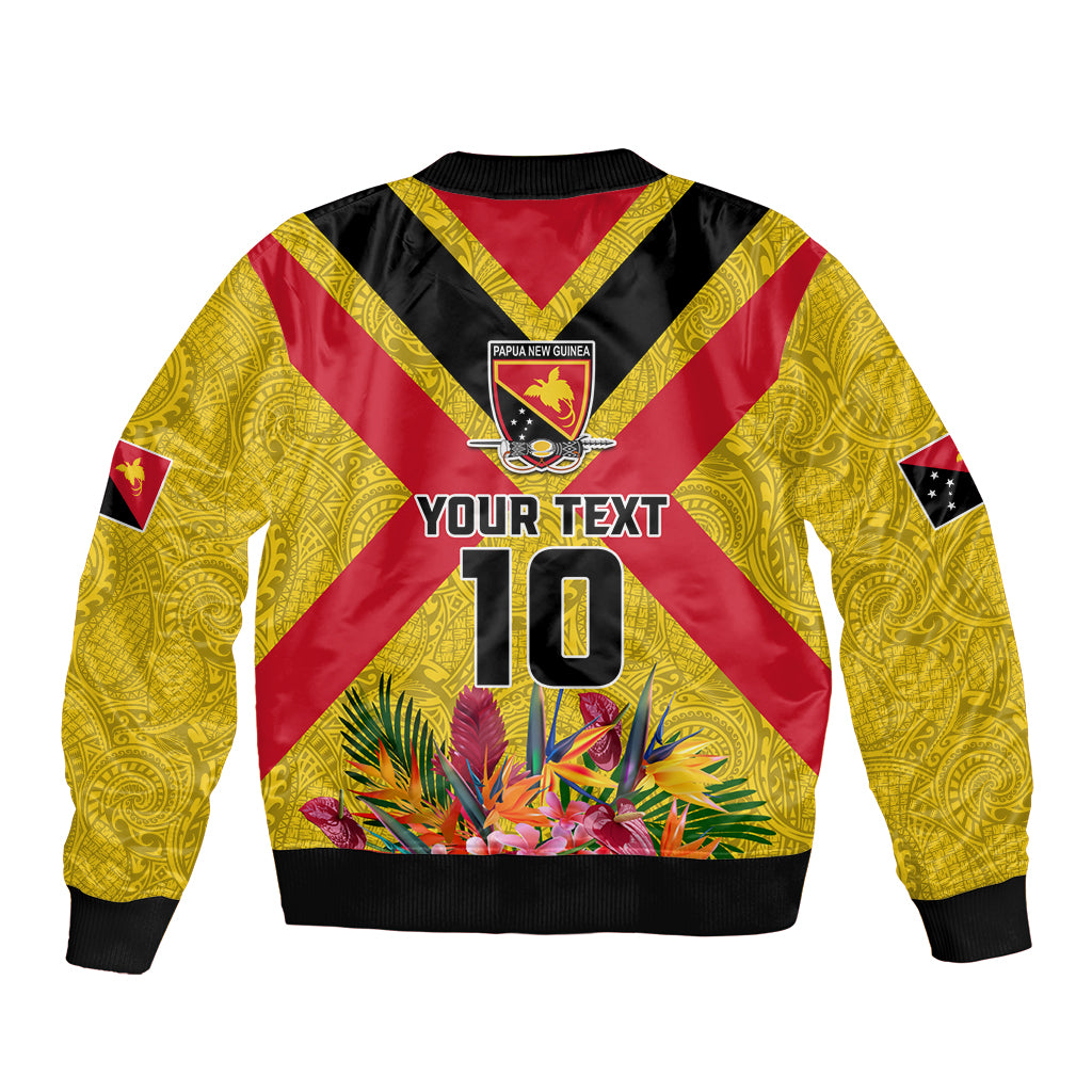 Custom Papua New Guinea Rugby Sleeve Zip Bomber Jacket Bird of Paradise and Hibiscus Polynesian Pattern Yellow Color LT03