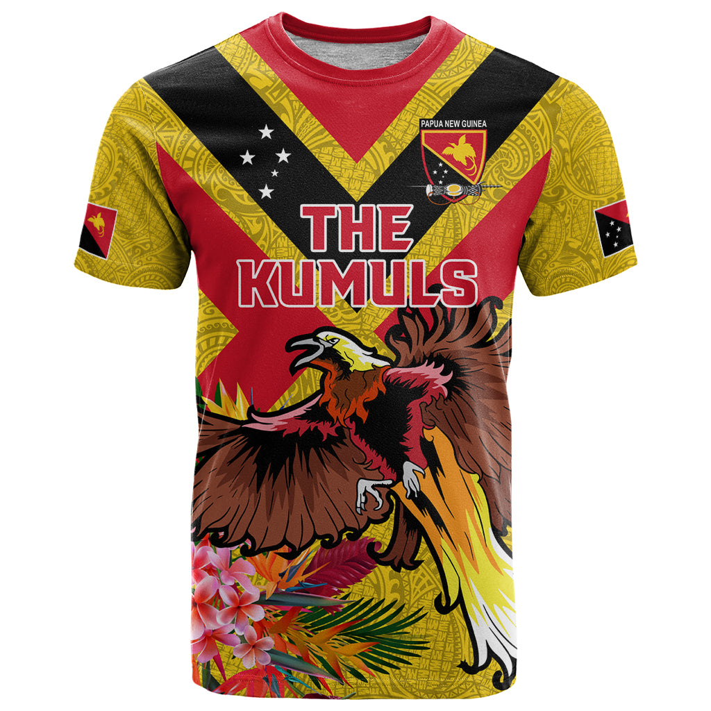 Custom Papua New Guinea Rugby T Shirt Bird of Paradise and Hibiscus Polynesian Pattern Yellow Color LT03