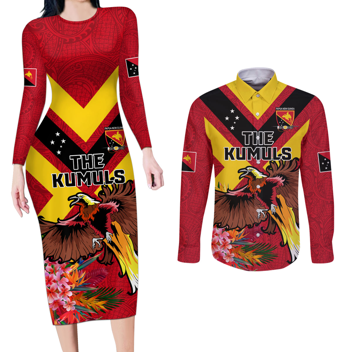 Custom Papua New Guinea Rugby Couples Matching Long Sleeve Bodycon Dress and Long Sleeve Button Shirt Bird of Paradise and Hibiscus Polynesian Pattern Red Color LT03