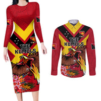 Custom Papua New Guinea Rugby Couples Matching Long Sleeve Bodycon Dress and Long Sleeve Button Shirt Bird of Paradise and Hibiscus Polynesian Pattern Red Color LT03